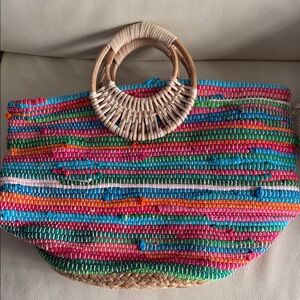 Colorful Woven Tote Bag with Circular Handles